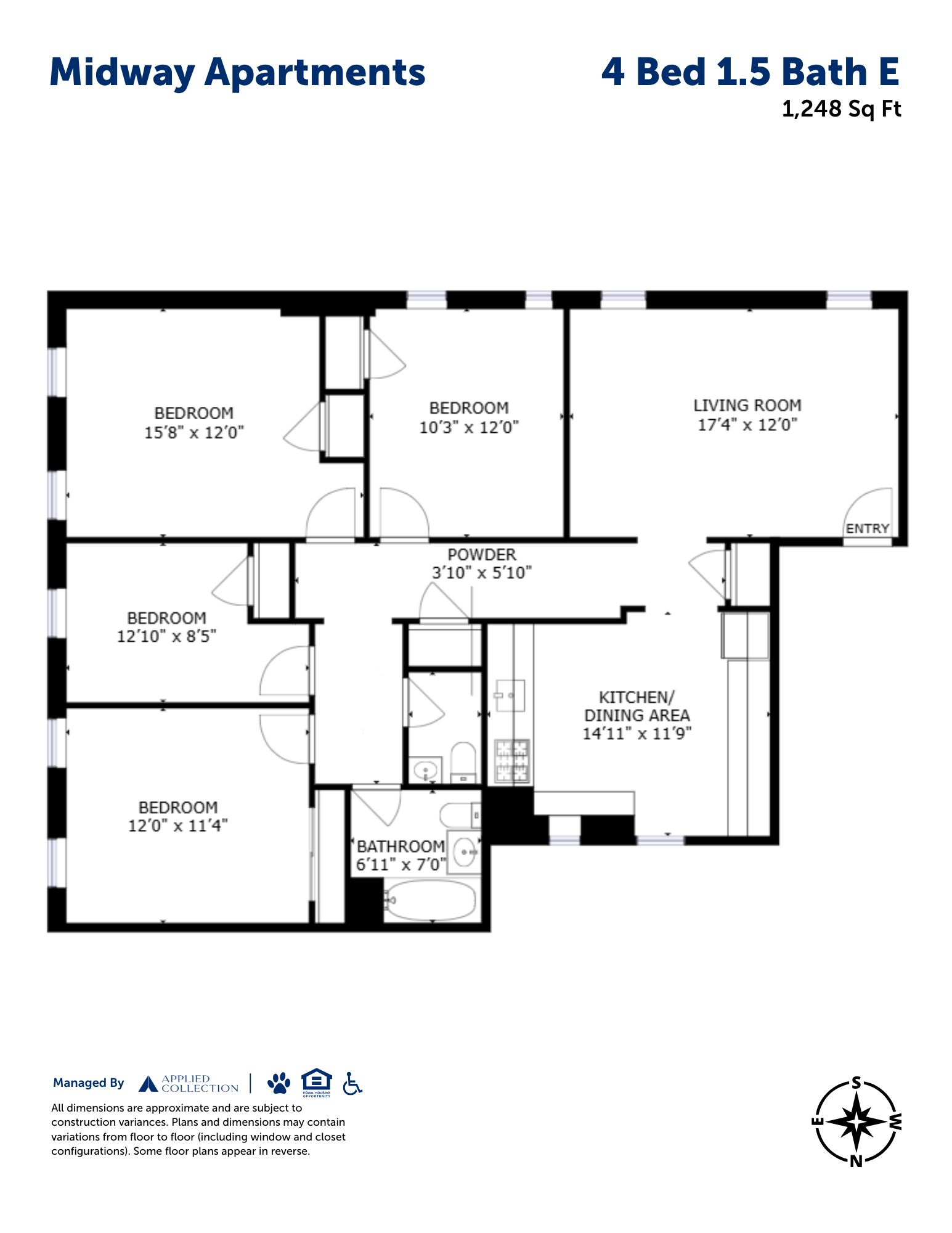 Floor plan for 4 beds, 1.5 baths, 1248 sqft